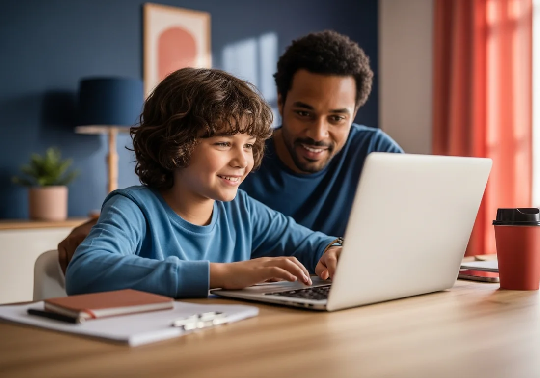 A child learning to code on a laptop with a parent